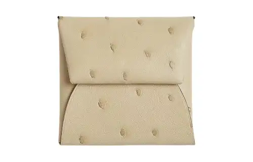 HERMES Bastia Ostrich Leather Wallet Women's 3C Parchemin Parchment With Wool White