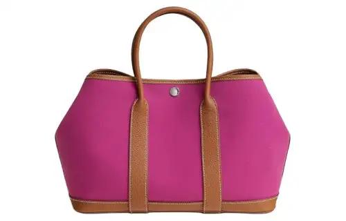 HERMES Garden Party Officier Canvas With Negonda Calfskin Handbag 30 Women's Gold & Rose Red