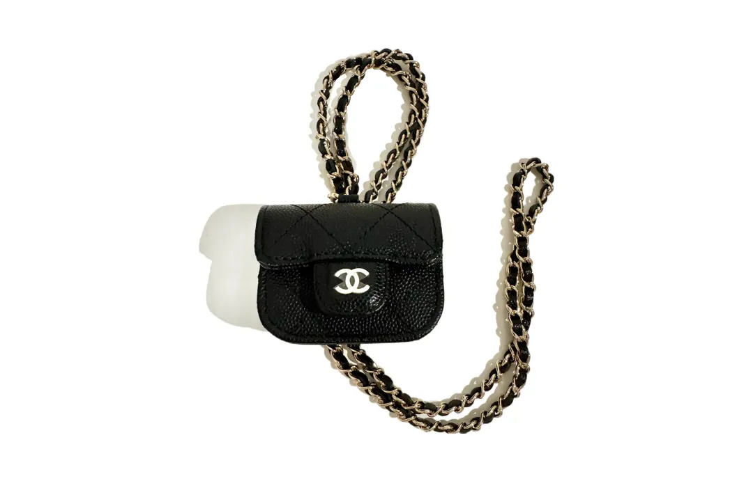 CHANEL Lambskin And Gold Metal Earphone Case Women's Black