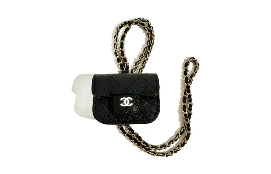 CHANEL Lambskin And Gold Metal Earphone Case Women's Black