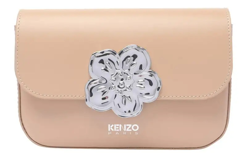 KENZO BOKE FLOWER Collection Cow Leather Crossbody Bag, Shoulder Bag Women's Beige