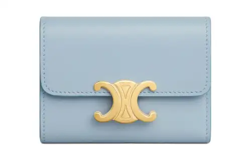 CELINE Triomphe Shiny Cow Leather Coin Purse Wallet Women's Light Blue