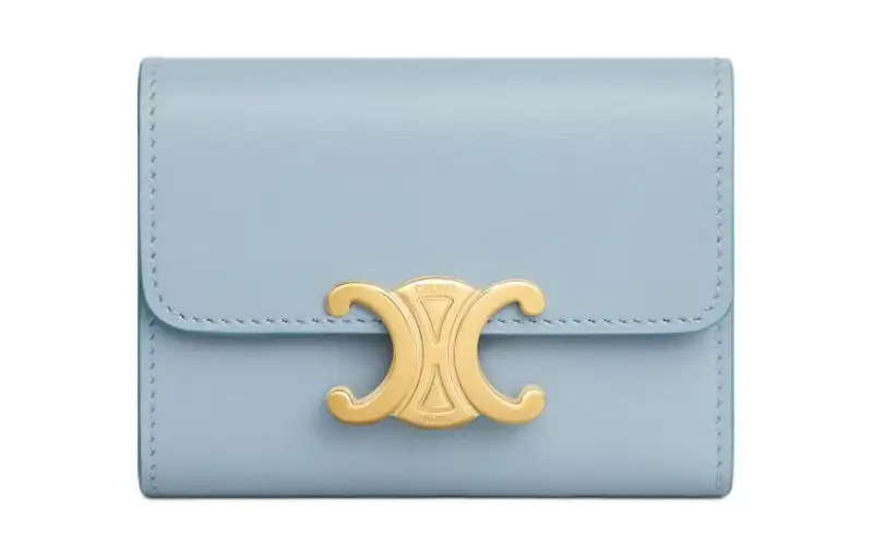CELINE Triomphe Shiny Cow Leather Coin Purse Wallet Women's Light Blue