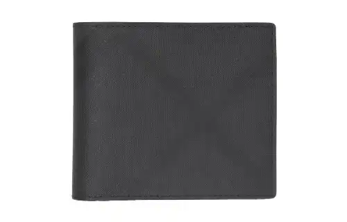 Burberry International Bifold Wallet London Check And Leather 8 Card Slot Dark Charcoal