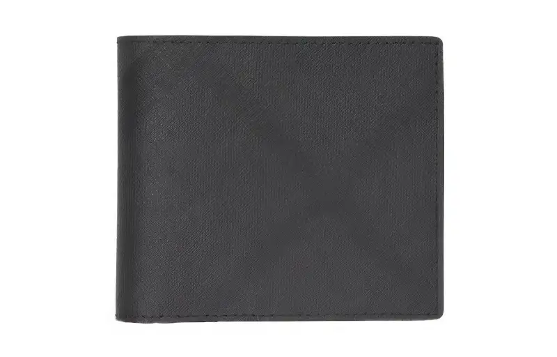 Burberry International Bifold Wallet London Check And Leather 8 Card Slot Dark Charcoal