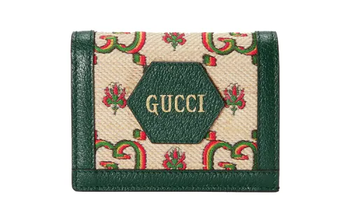 GUCCI Leather Card Holder Mini Women's Beige/Green