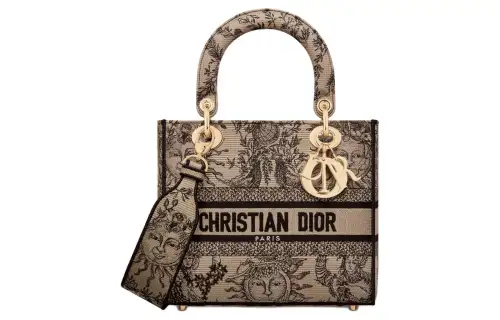 DIOR Lady D Lite Embroidery Handbag, Shoulder Bag, Crossbody Bag, Handbag Medium Women's Beige & Black