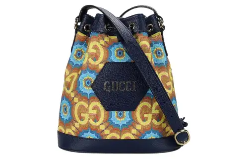 GUCCI Ophidia Leather Canvas Bucket Bag, Shoulder Bag, Crossbody Bag Mini Unisex Orange & Dark Blue