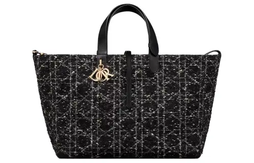 DIOR Rattan Pattern Checkered Tweed Tote Bag, Shopping Bag, Native Bag, Handbag Large Women's Black