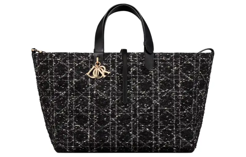 DIOR Rattan Pattern Checkered Tweed Tote Bag, Shopping Bag, Native Bag, Handbag Large Women's Black