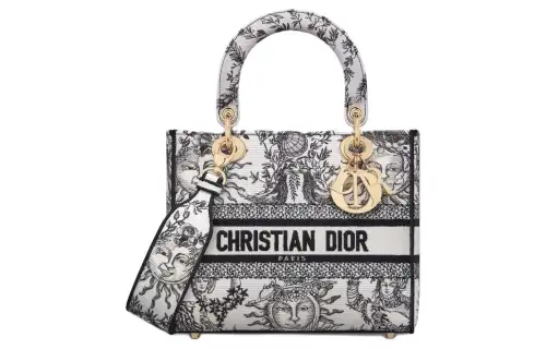 DIOR Lady D Lite Embroidery Shoulder Bag, Crossbody Bag, Handbag Medium Women's White & Black