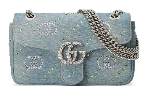 GUCCI GG Marmont Denim Portable Crossbody Bag, Shoulder Bag Women's Light Blue
