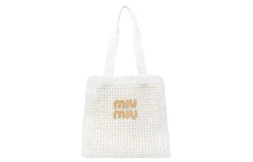 MIU MIU Fabric Tote Bag, Shopping Bag, Handbag Women's White & Gold