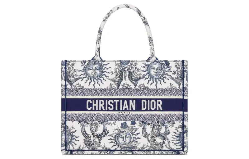 DIOR BookTote Embroidery Tote Bag, Shopping Bag, Shoulder Bag, Handbag Medium Women's White & Marine Blue