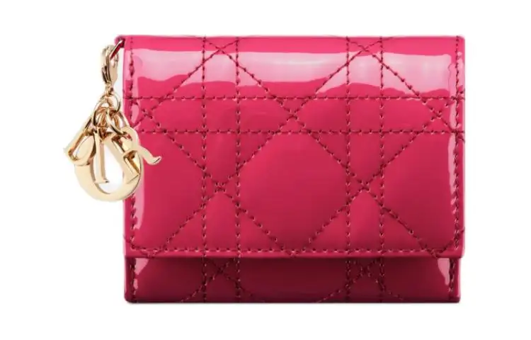 DIOR Lady Dior Patent Leather Wicker Pattern Calfskin Wallet Women's Passion Pink
