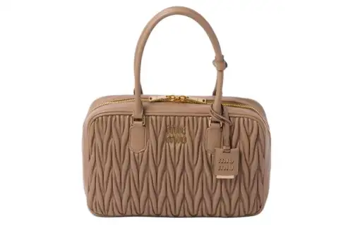 MIU MIU Matelassé Nappa Soft Leather Handbag Women's Beige