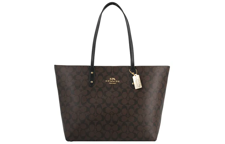 COACH Town Coated Canvas With Smooth Leather Tote Bag, Shopping Bag, Handbag, Shoulder Bag Women's Dark Brown