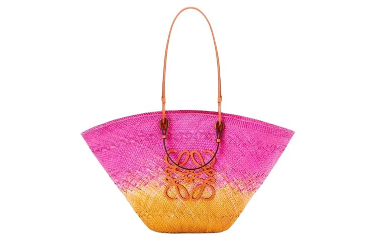 LOEWE Anagram Basket Iracap Palm Fiber With Cow Leather One Shoulder Handbag Large Women's Rose Red & Orange