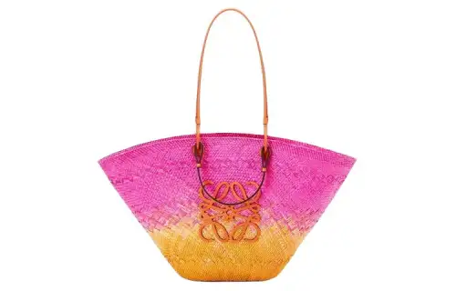 LOEWE Anagram Basket Iracap Palm Fiber With Cow Leather One Shoulder Handbag Large Women's Rose Red & Orange