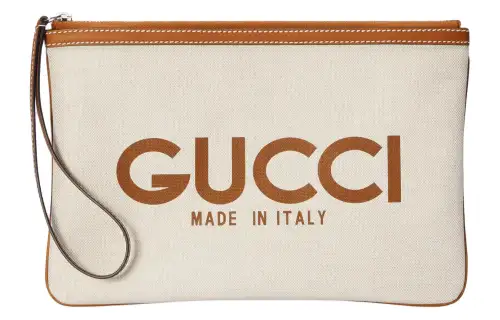 GUCCI Cotton Linen Blend Canvas With Leather Trim Clutch Women's Beige & Light Brown