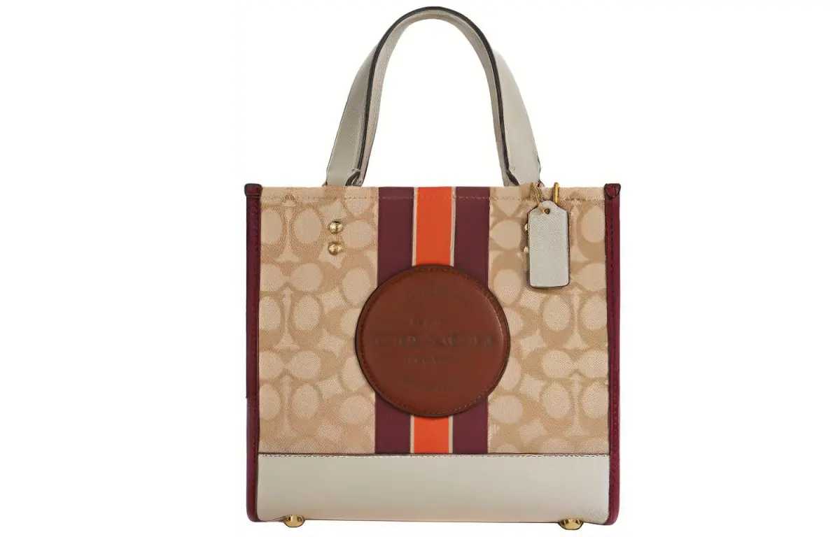 COACH Dempsey Canvas With Leather Tote Bag, Shopping Bag, Handbag, Crossbody Bag Small Women's Light Khaki & Burgundy