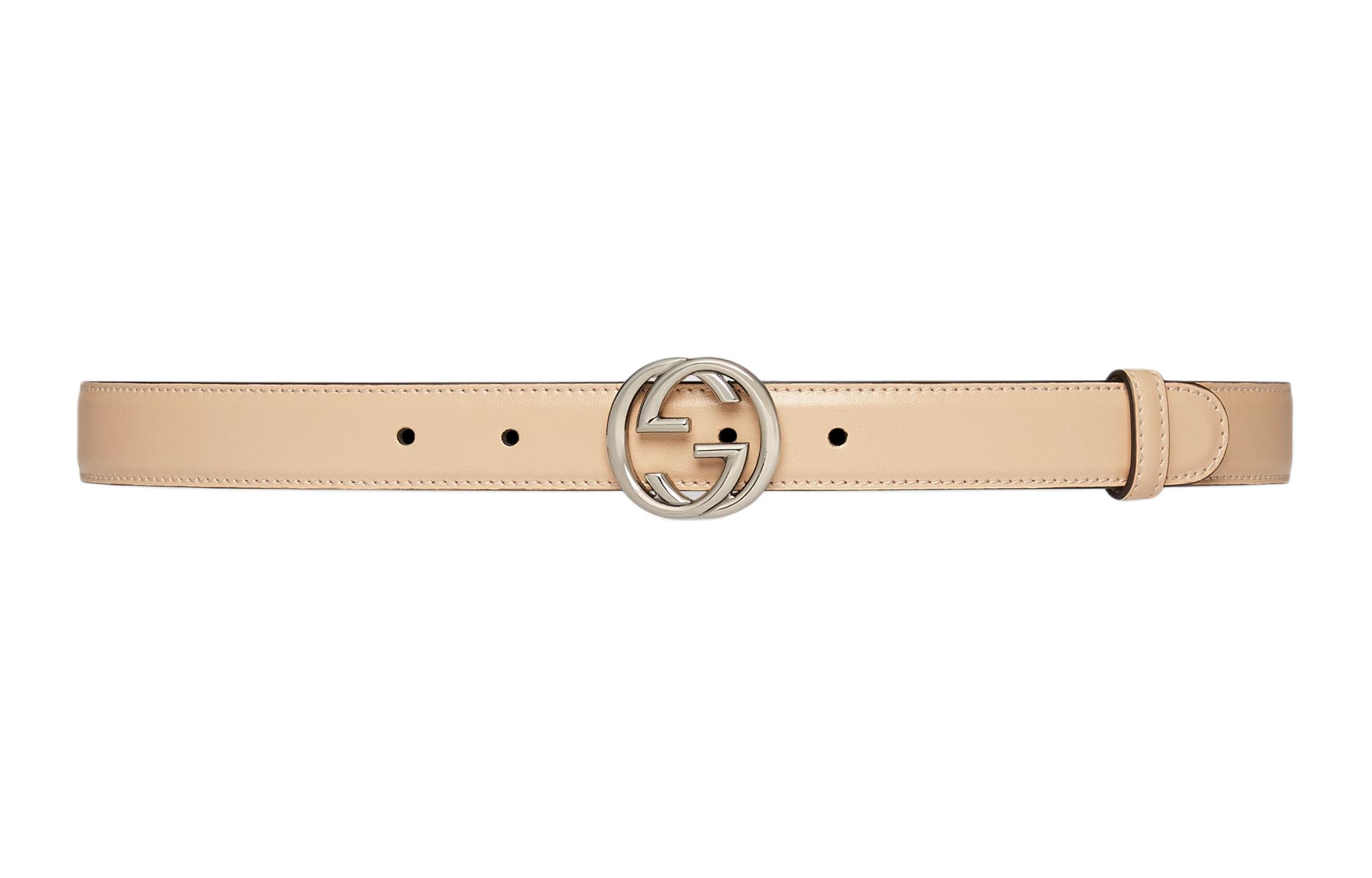 GUCCI Interlocking G Leather Metal Leather Belts Women's Beige Width 2.3cm