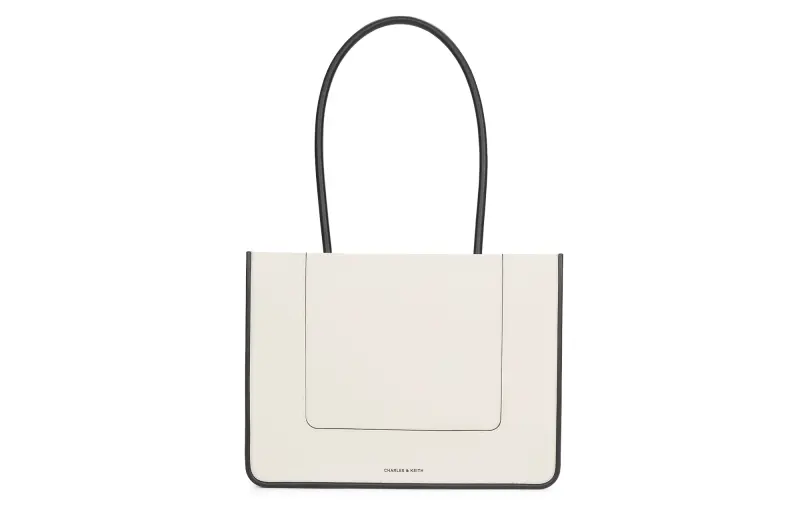 CHARLES&KEITH Pu Tote Bag, Shopping Bag, Shoulder Bag Large Women's Cream Milk White/Noir Black