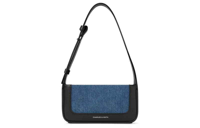 CHARLES&KEITH Fabric Crossbody Bags Small Women's Dark Denim Blue/Tan Tea Brown