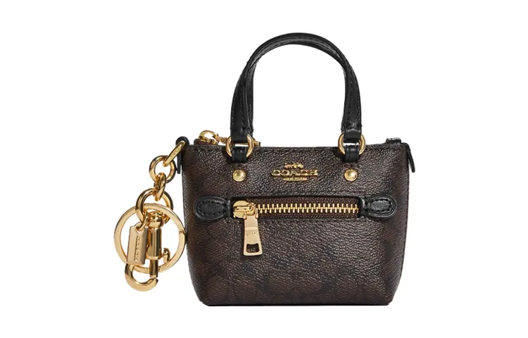 COACH Gallery Coated Canvas With Smooth Leather Bag Charm Bag Merch Coin Purses Mini Women's Brown
