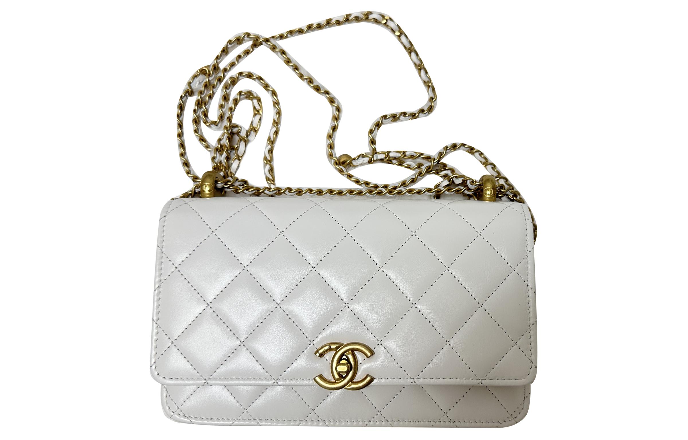 CHANEL WOC Smooth Finish Calfskin & Gold Metal Crossbody Bag, Shoulder Bag Women's White