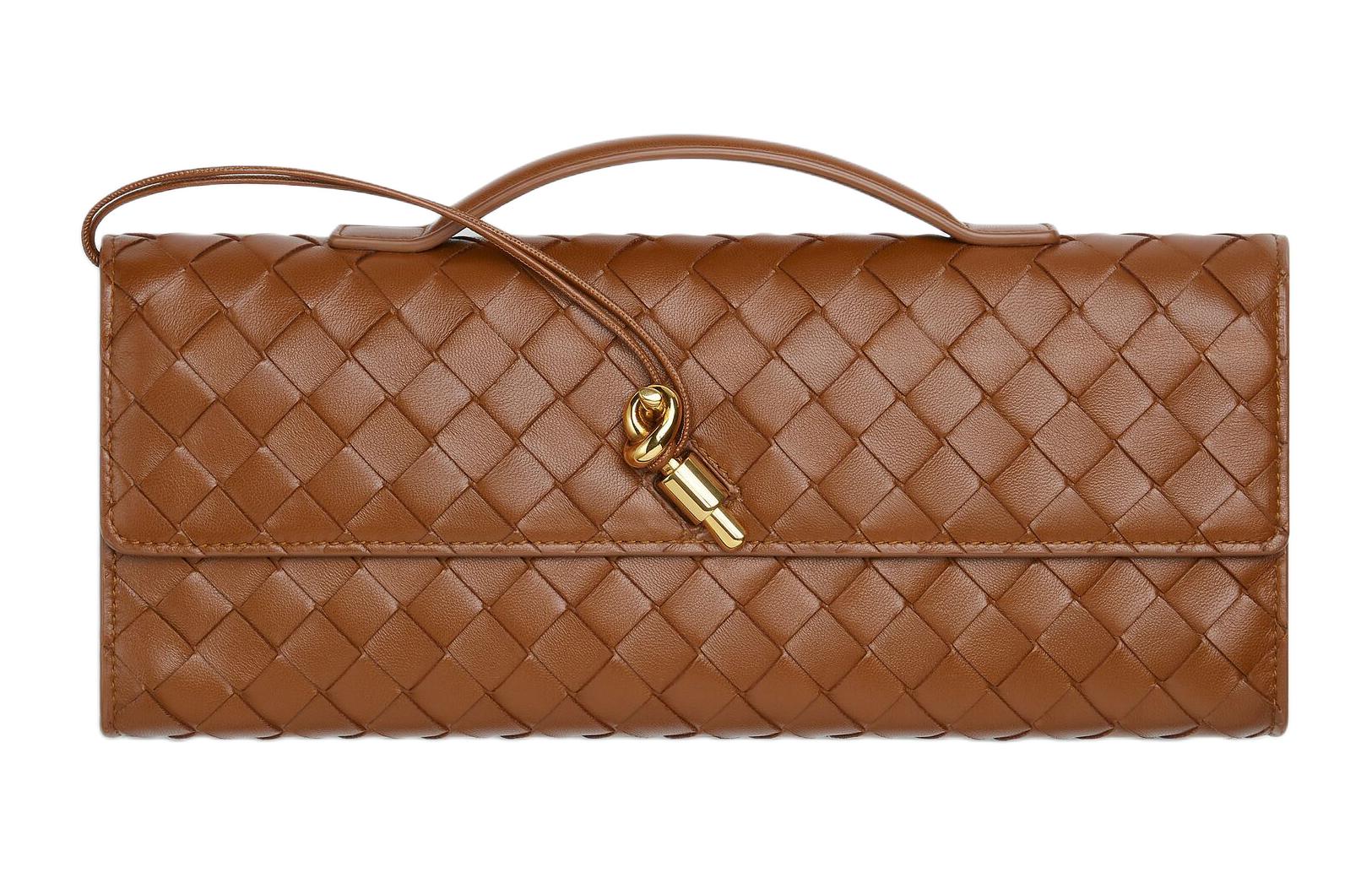Bottega Veneta Andiamo Lambskin Clutch Women's Cognac