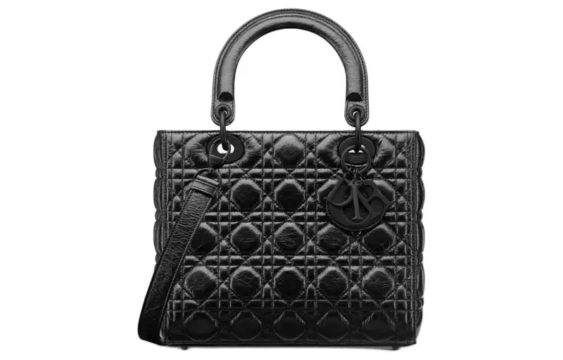 DIOR Lady Dior Crackle Cannage Calfskin Handbag, Shoulder Bag, Crossbody Bag, Handbag Medium Women's Black