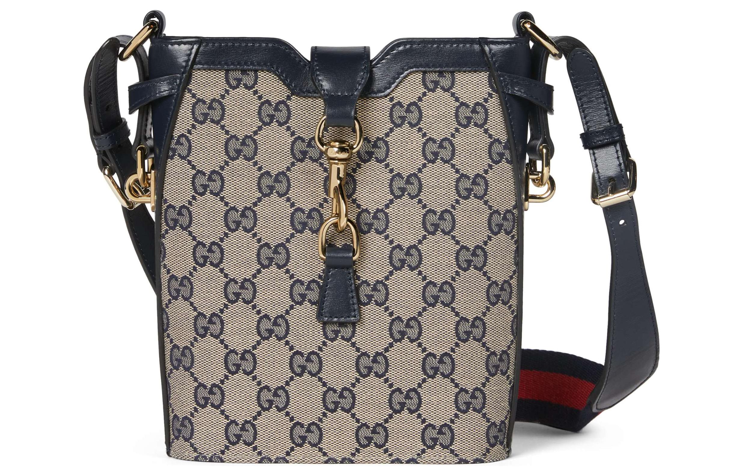 GUCCI Gucci, golden adjustable accessory, straps, bucket, small beige blue one-shoulder bag