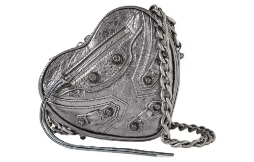 Balenciaga Le Cagole Pleated Leather Heart Shaped Bag, Crossbody Bag, Shoulder Bag Mini Women's Silver