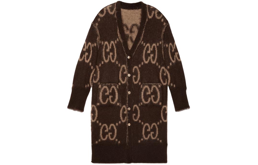 Женские кофта Gucci Gg Mohair Wool Long Cardigan V (коричневая) — фото 2