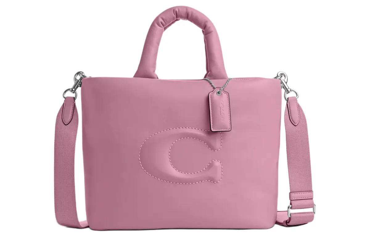 COACH Pillow Smooth Leather Tote Bag, Shopping Bag, Shoulder Bag, Crossbody Bag, Handbag Large Women's Silver & Tulip
