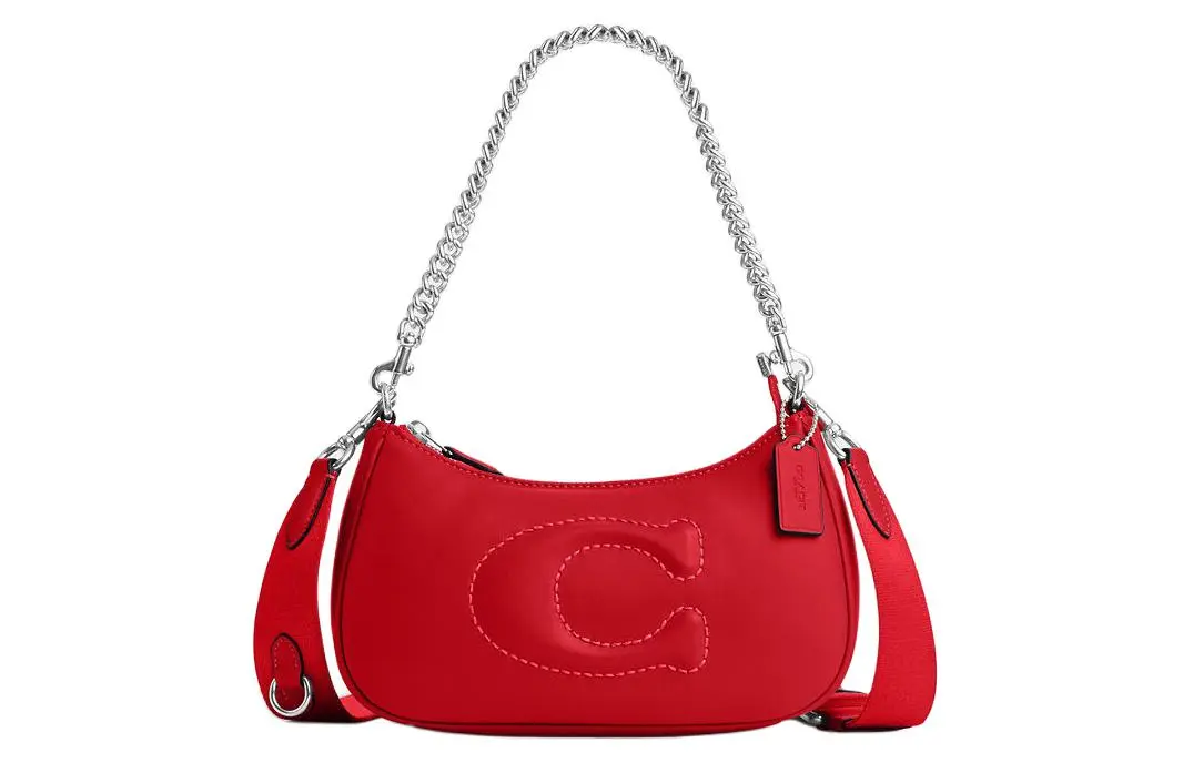COACH Teri Leather Shoulder Bag, Handbag, Shoulder Bag Medium Women's Silver & Bright Red