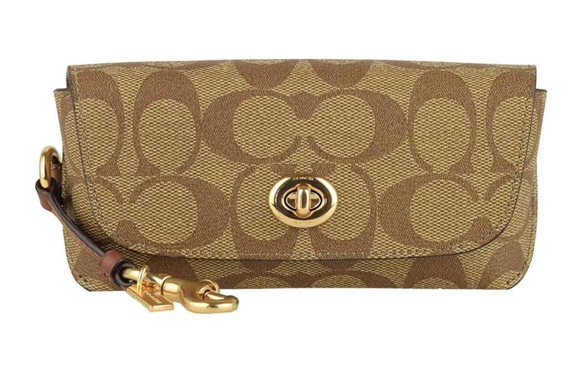 COACH Sunglass Case Coated Canvas Leather Clutches Unisex Khaki Monogram