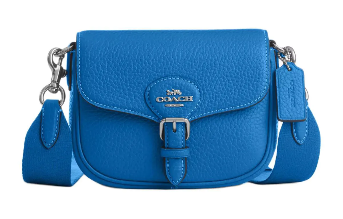 COACH Amelia Pebble Leather Saddle Bag, Shoulder Bag, Crossbody Bag Small Women's Silver & Bright Blue
