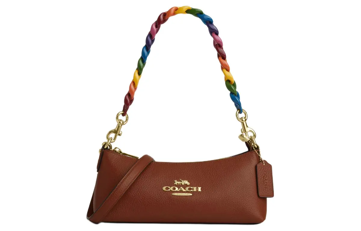 COACH Charlotte Refined Pebbled Leather Baguette Bag Handbag, Shoulder Bag Medium Women's Gold & Rosewood Multicolor