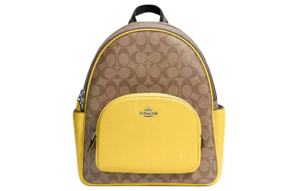 COACH Court Coated Canvas With Refined Pebbled Leather Backpack Large Women's Silver & Khaki & Vintage Yellow