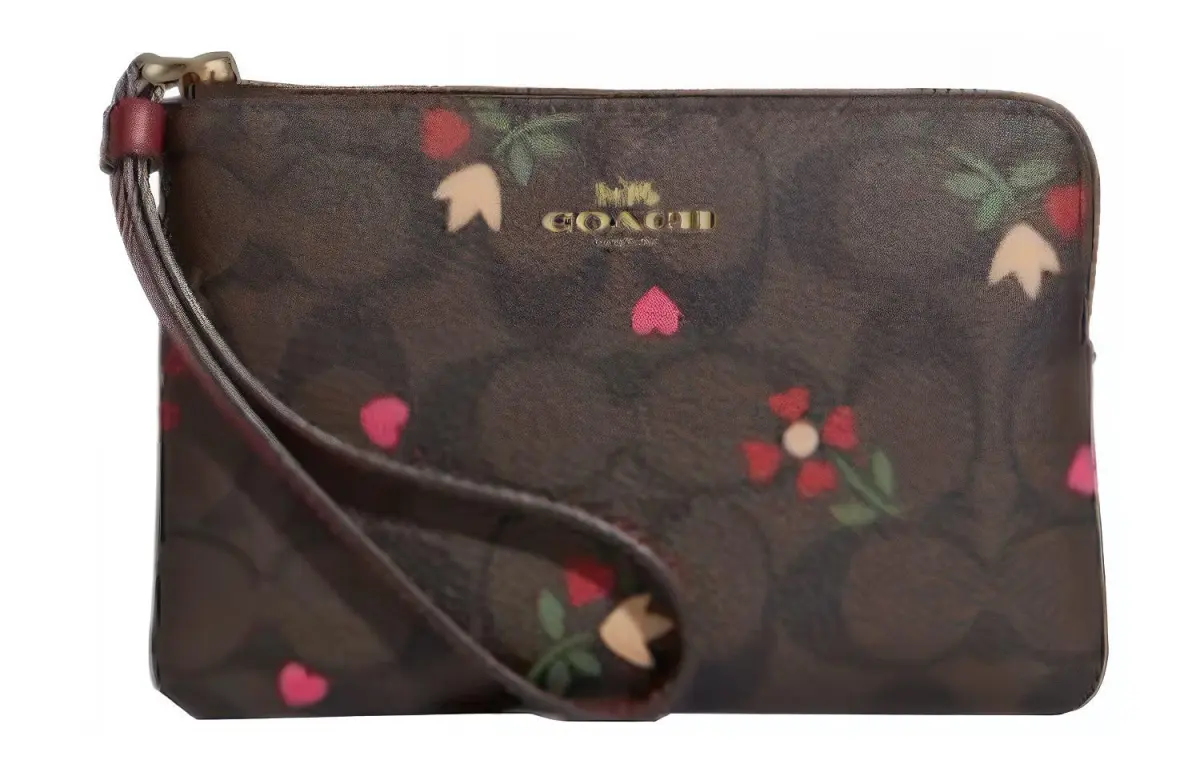 COACH Corner Zip Coated Canvas With Leather Clutch Small Women's Brown & Burgundy Multicolor