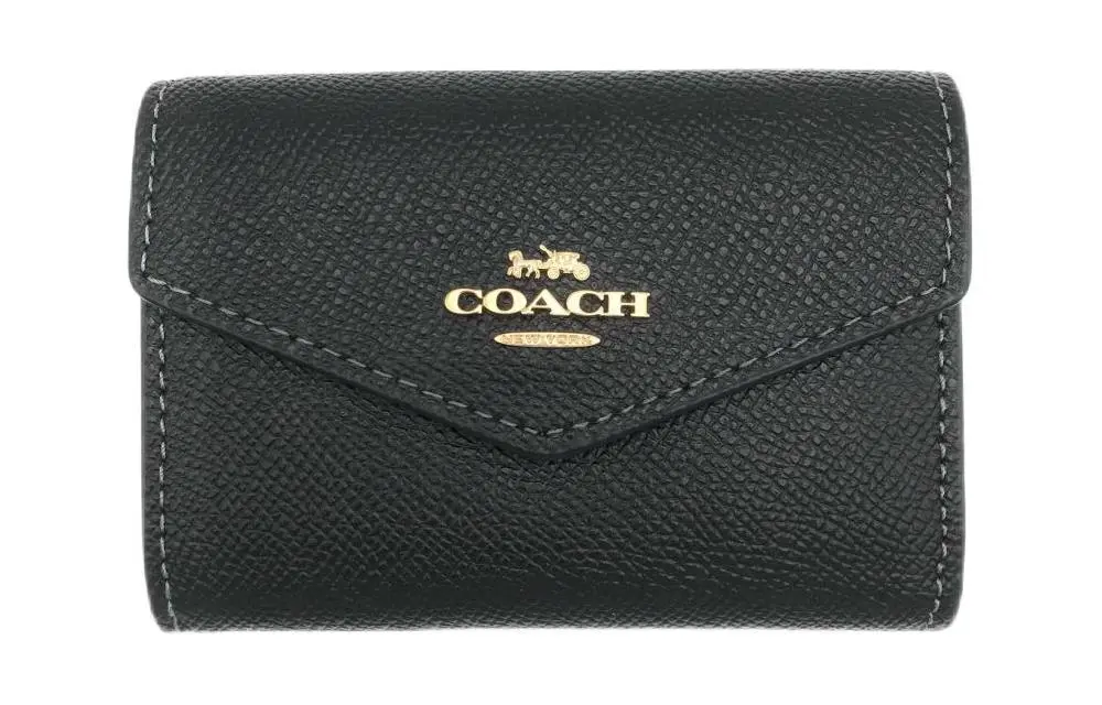 COACH Card Case Cross Grain Leather Wallet, Card Holder Women's Black