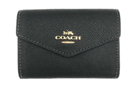 COACH Card Case Cross Grain Leather Wallet, Card Holder Women's Black