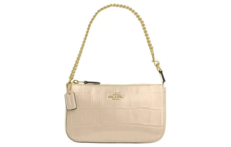 COACH Nolita Crocodile Embossed Leather Handbag, Shoulder Bag Small Women's Gold With Ivory