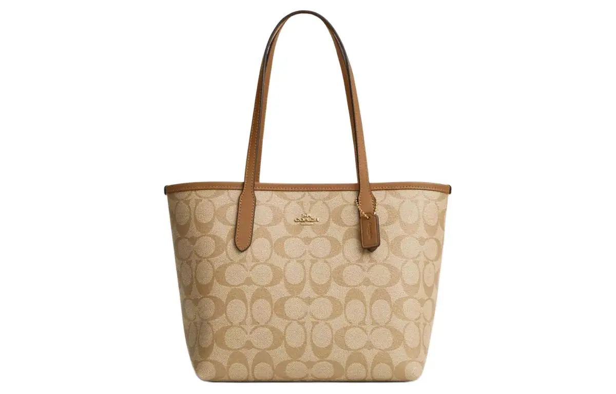 COACH City Artificial Leather Coated Canvas Shoulder Bag Medium Women's Light Khaki & Light Saddle