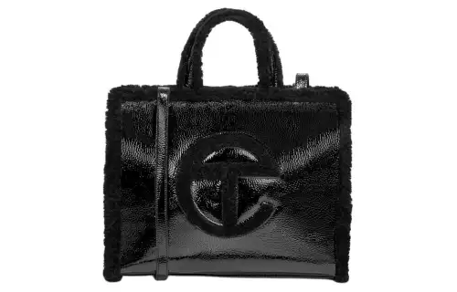 UGG Wrinkled Patent Leather Tote Bag, Shopping Bag, Shoulder Bag, Crossbody Bag, Handbag Medium Unisex Black