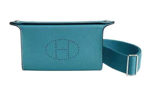 HERMES Videpoches Silver Tone Buckle Togo Calfskin Crossbody Bags Men's New Denim Blue