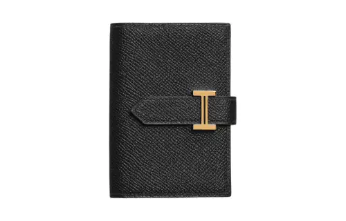 HERMES Bearn Gold tone Lock Epsom Calfskin Card Holder Unisex Black