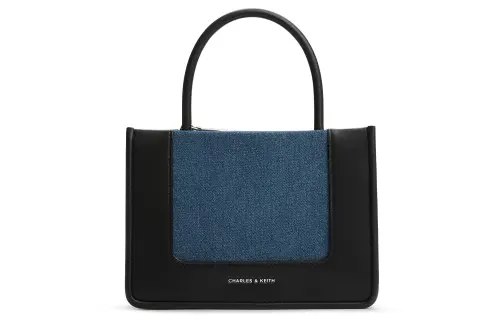 CHARLES&KEITH PU/fabric Shoulder Bag, Crossbody Bag, Handbag Medium Women's Dark Denim Blue/Tan Tea Brown
